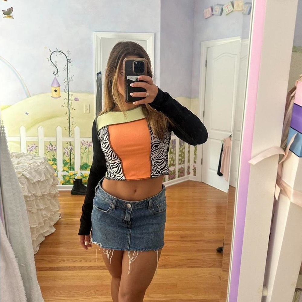 Custom made patchwork long sleeve crop top